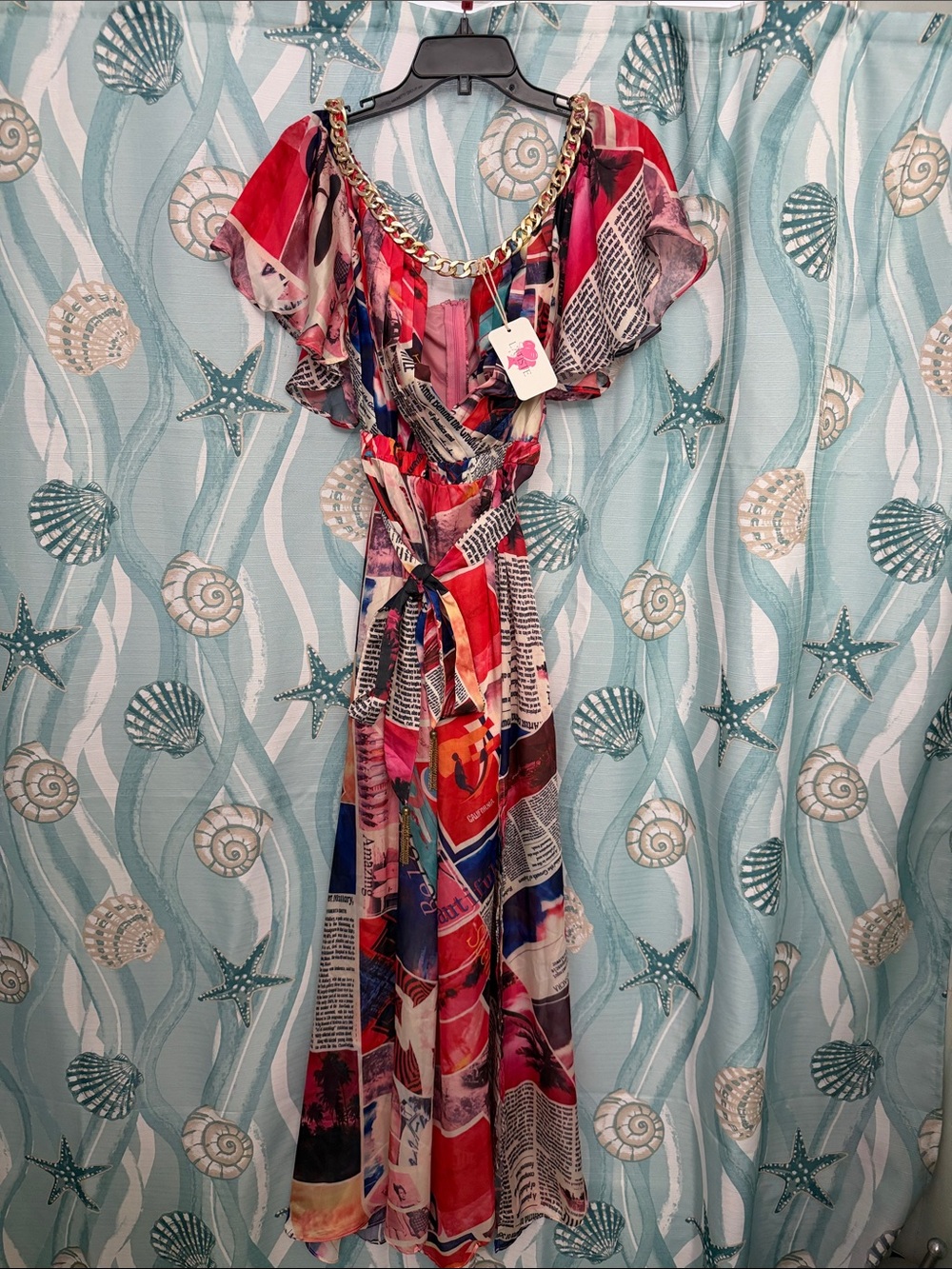 L'ATISTE Red & Pink Printed Chiffon Maxi Dress with Chain Accent